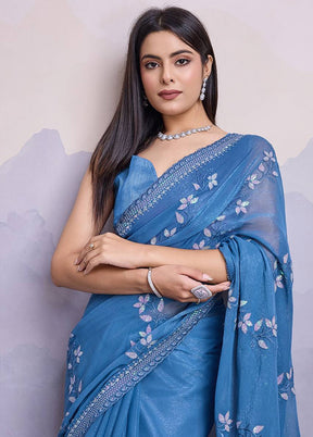 Blue Chiffon Silk Saree With Blouse Piece