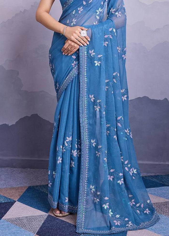 Blue Chiffon Silk Saree With Blouse Piece