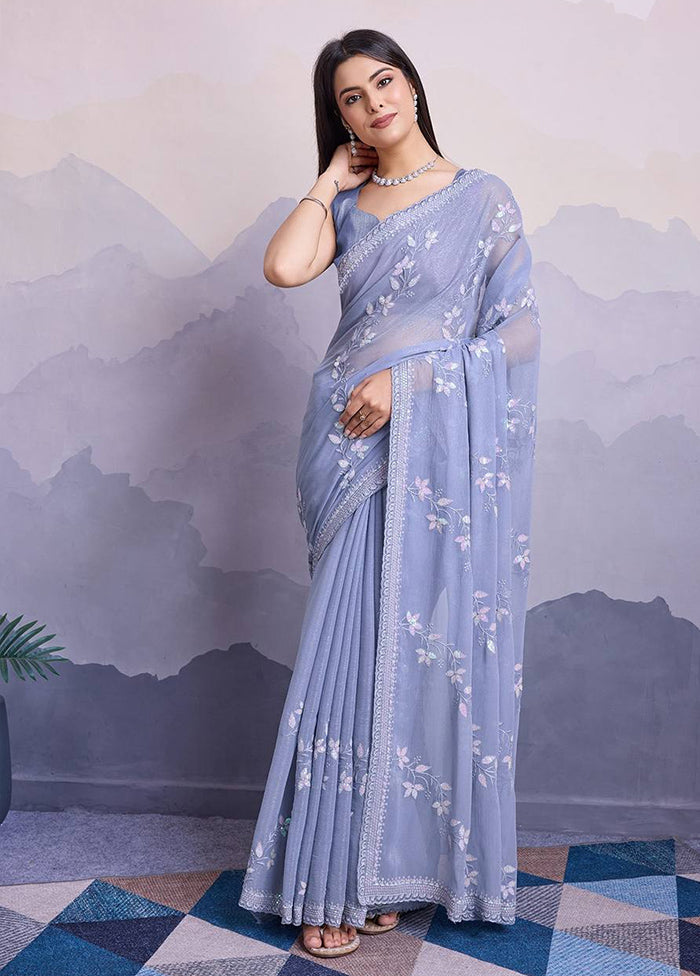 Grey Chiffon Silk Saree With Blouse Piece