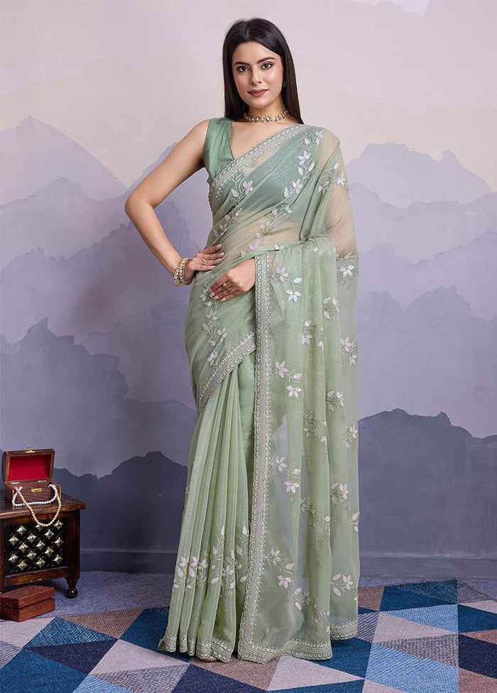 Sea Green Chiffon Silk Saree With Blouse Piece