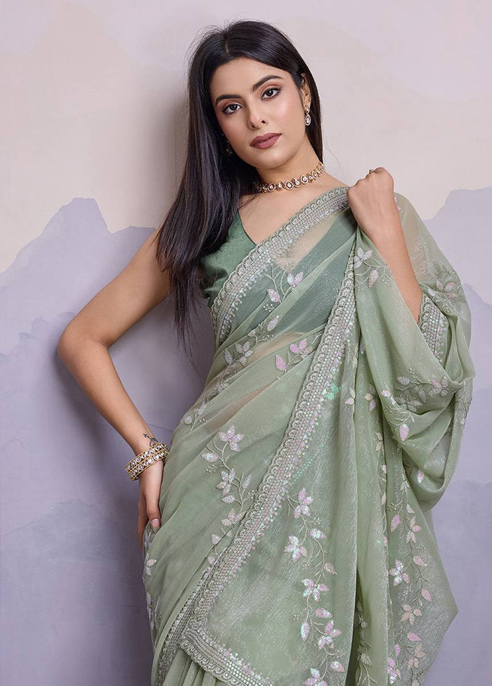 Sea Green Chiffon Silk Saree With Blouse Piece