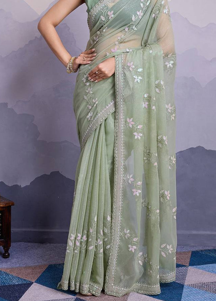 Sea Green Chiffon Silk Saree With Blouse Piece