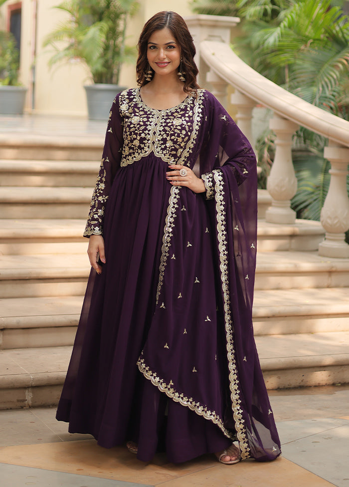 Purple Readymade Silk Dupatta Indian Dress