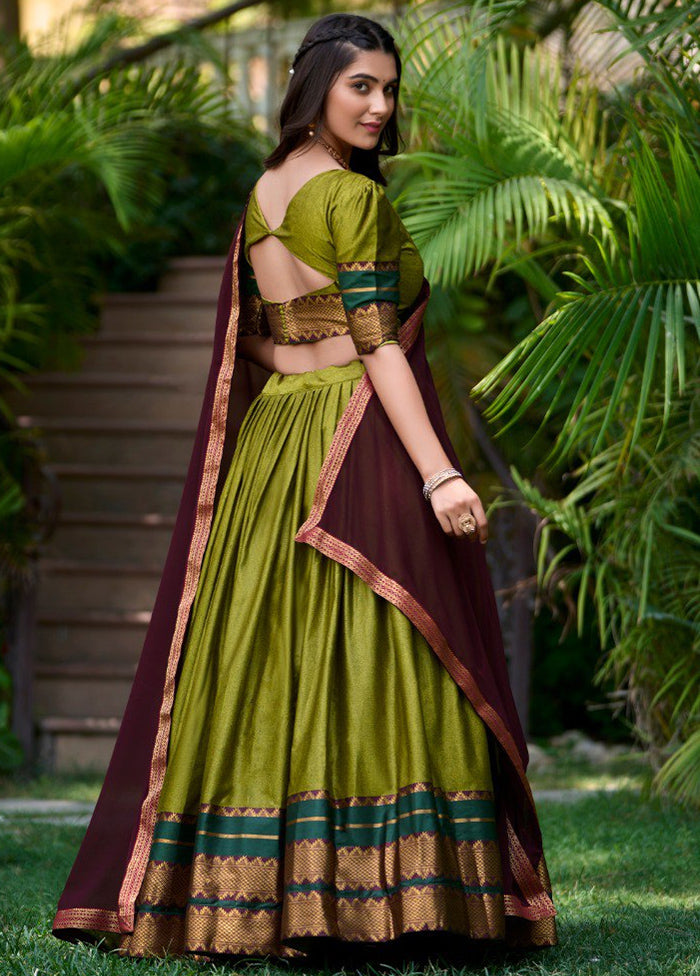 3 Pc Mehendi Green Cotton Semi Stitched Lehenga Set