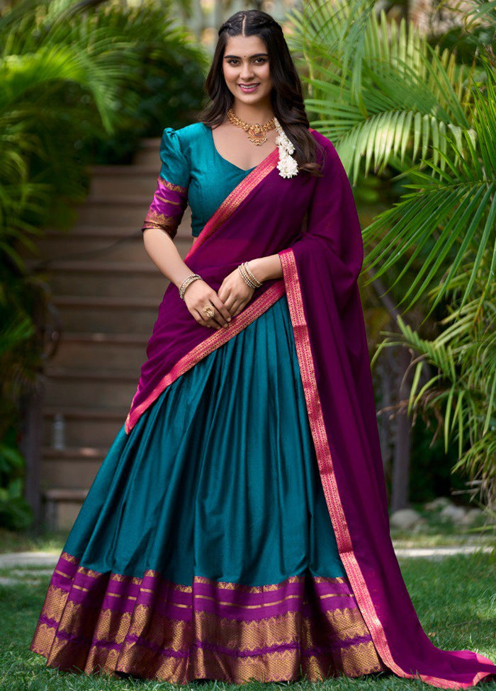 3 Pc Teal Cotton Semi Stitched Lehenga Set