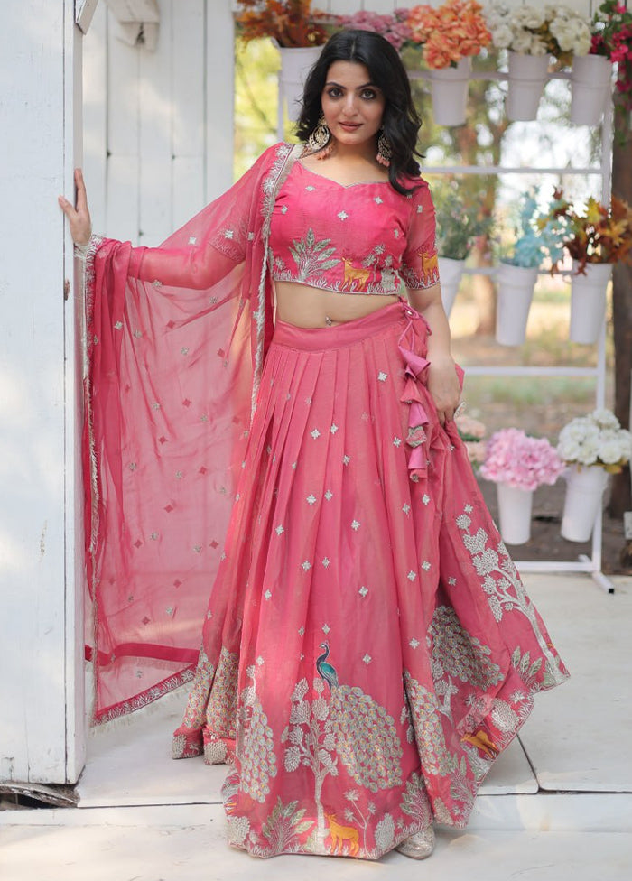 3 Pc Pink Silk Semi Stitched Lehenga Set