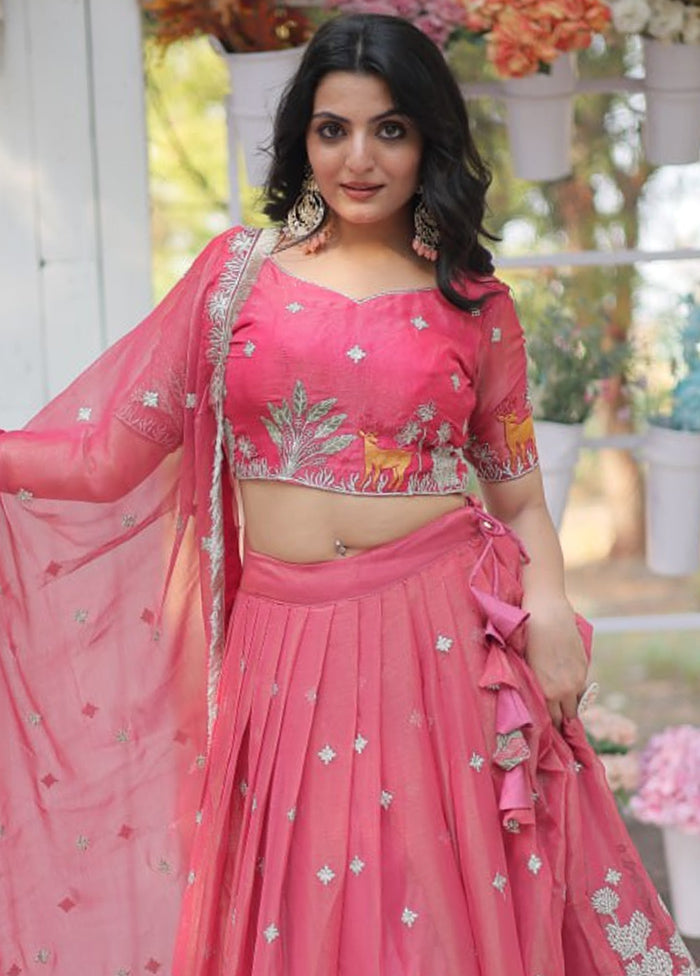 3 Pc Pink Silk Semi Stitched Lehenga Set