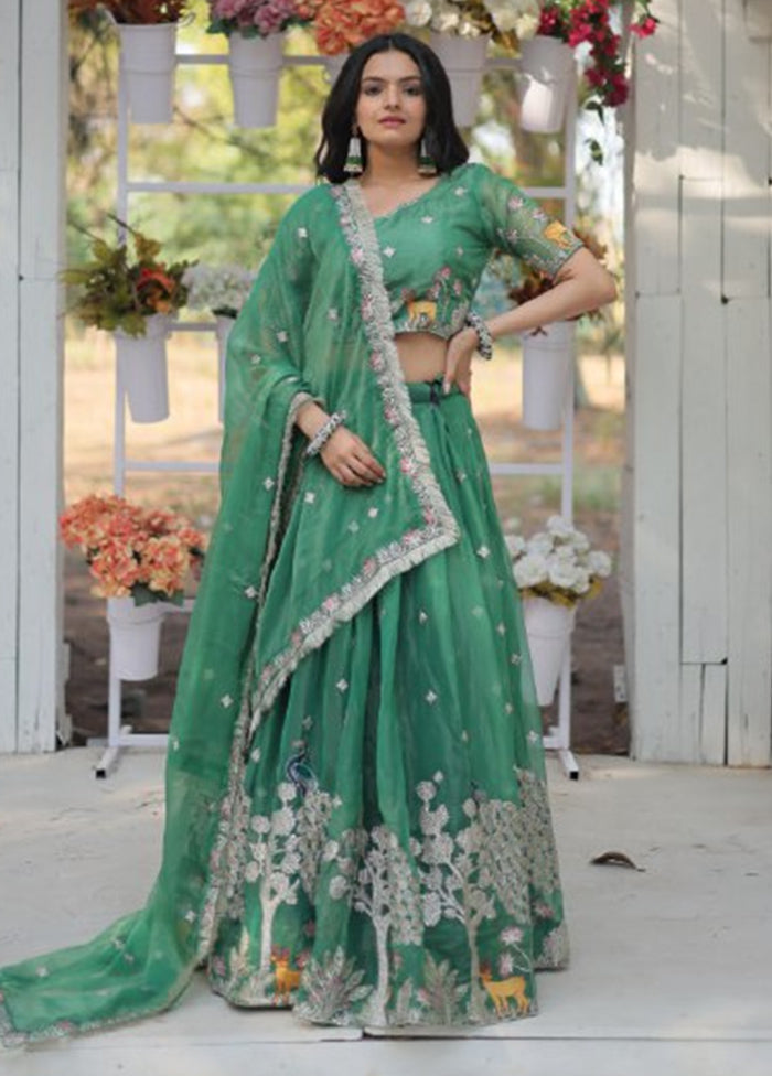 3 Pc Sea Green Silk Semi Stitched Lehenga Set