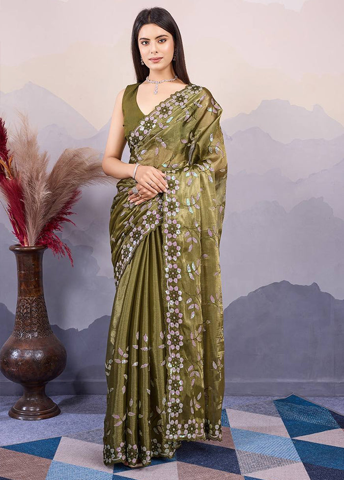 Mehendi Green Dupion Silk Saree With Blouse Piece