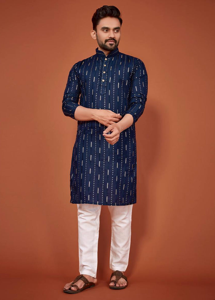 Navy Blue Cotton Kurta And Pajama Set