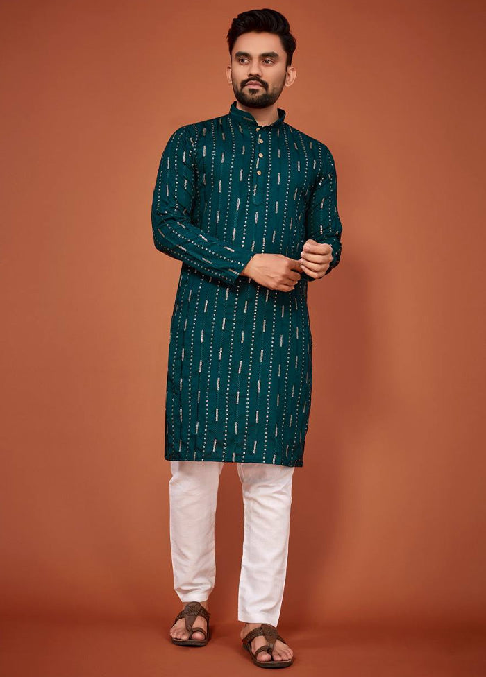 Teal Cotton Kurta And Pajama Set