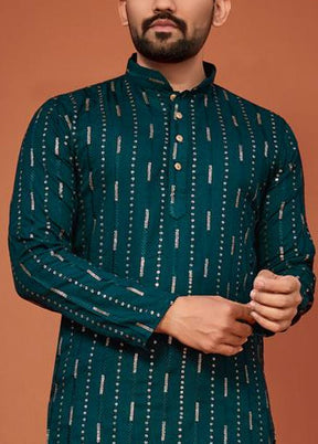 Teal Cotton Kurta And Pajama Set