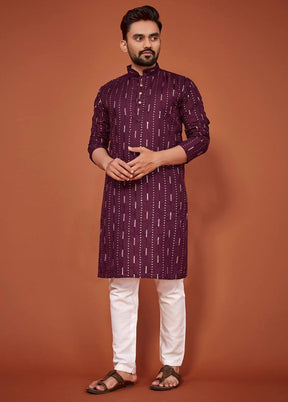 Wine Cotton Kurta And Pajama Set