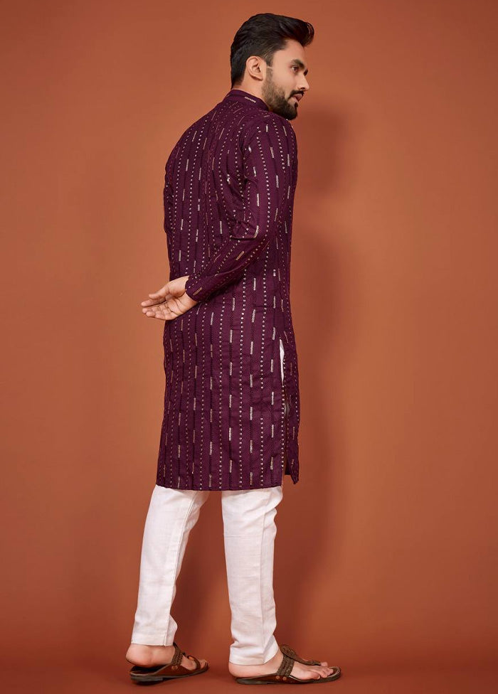 Wine Cotton Kurta And Pajama Set