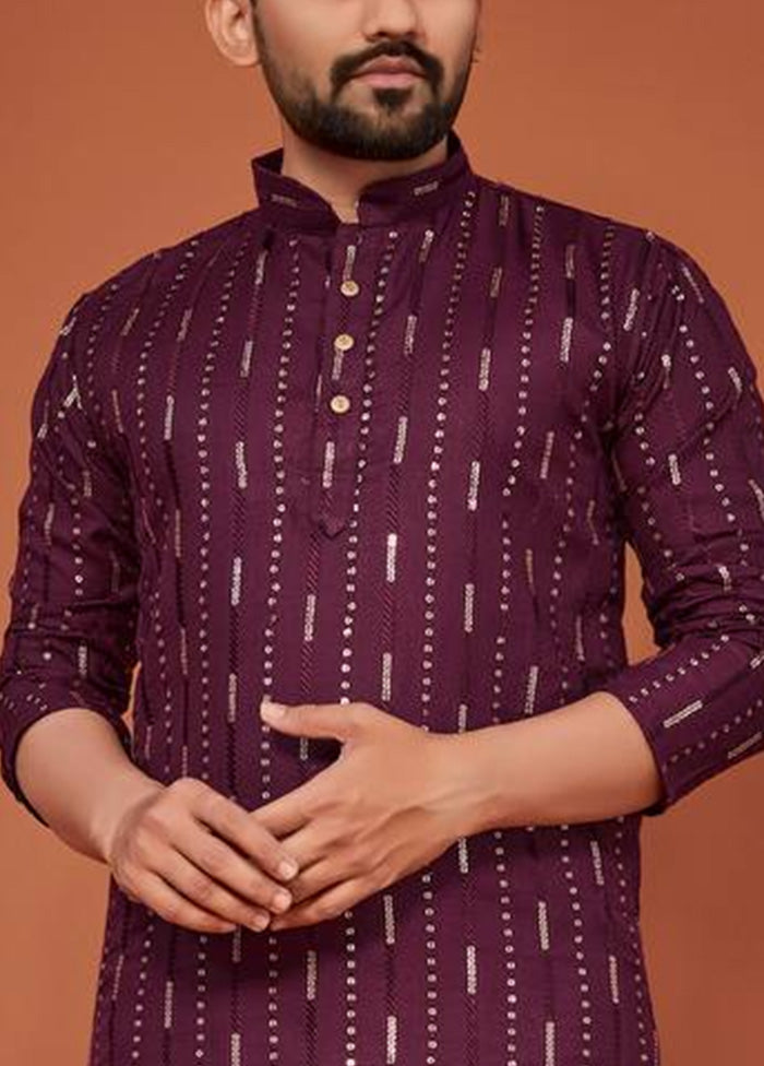 Wine Cotton Kurta And Pajama Set