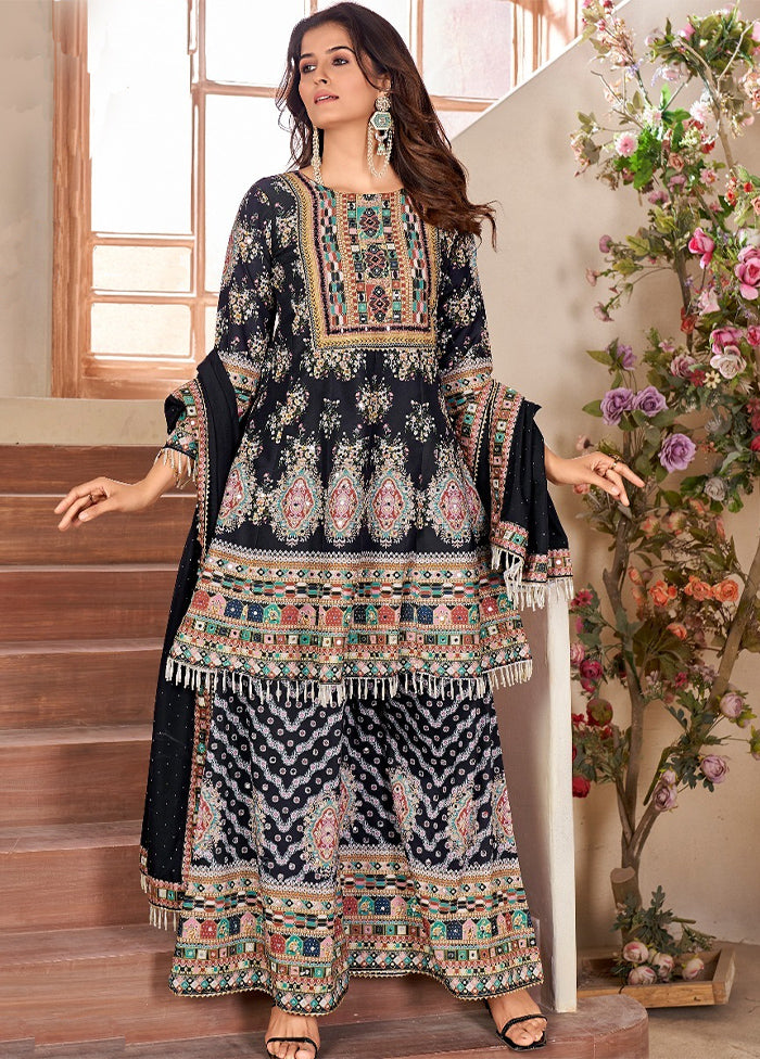 3 Pc Black Readymade Cotton Dupatta Suit Set