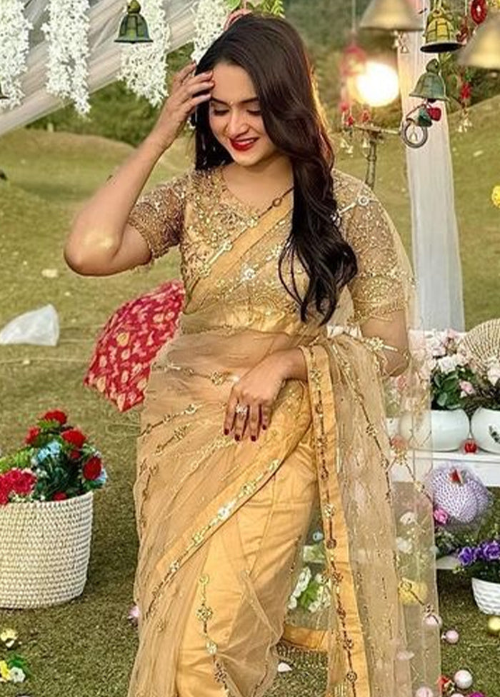 Gold Net Saree With Blouse Piece