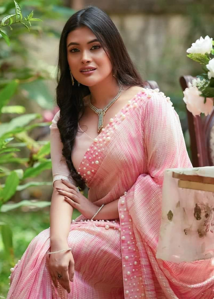 Baby Pink Georgette Saree With Blouse Piece