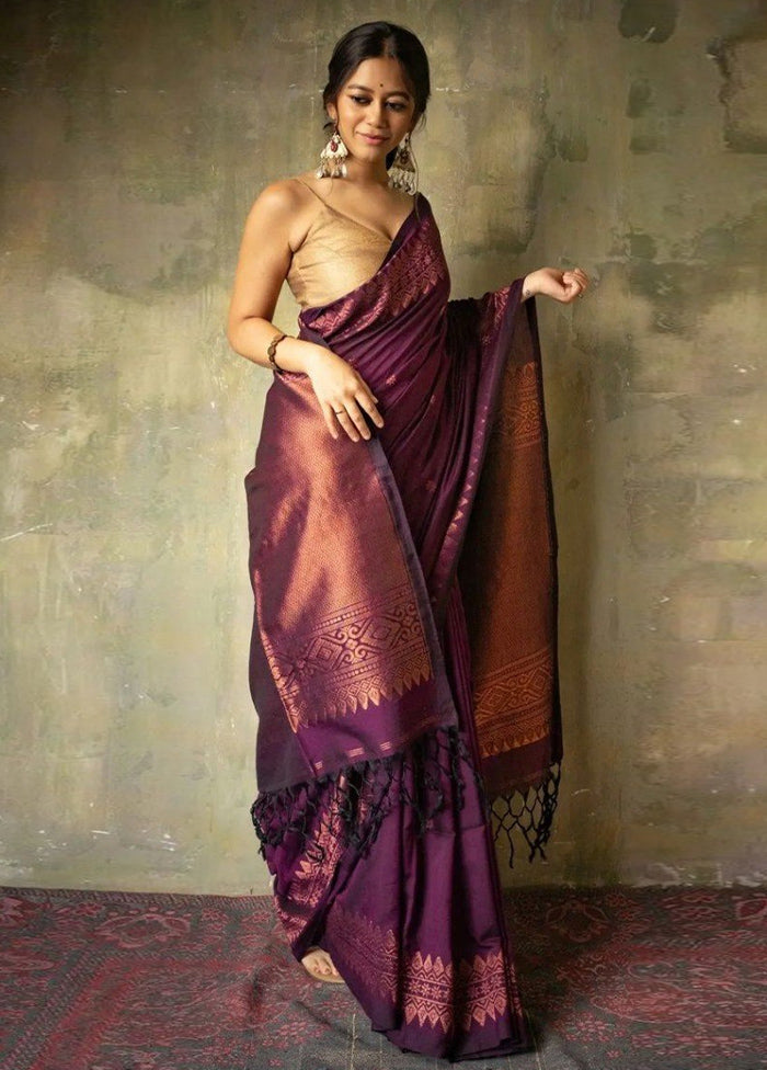 Wine Banarasi Silk Saree With Blouse Piece