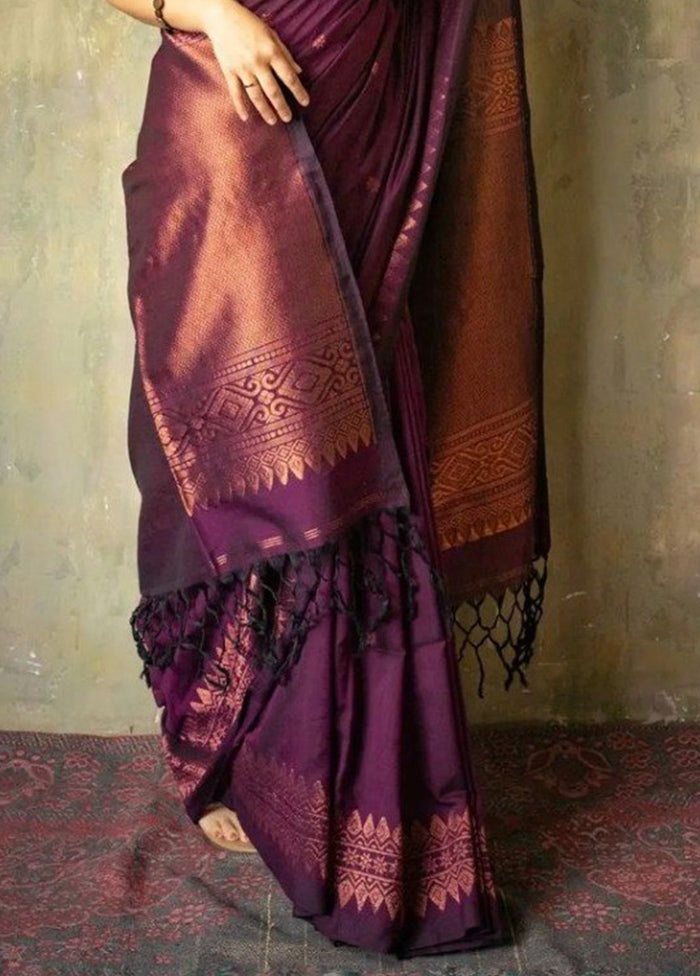 Wine Banarasi Silk Saree With Blouse Piece