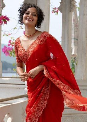 Red Organza Saree With Blouse Piece