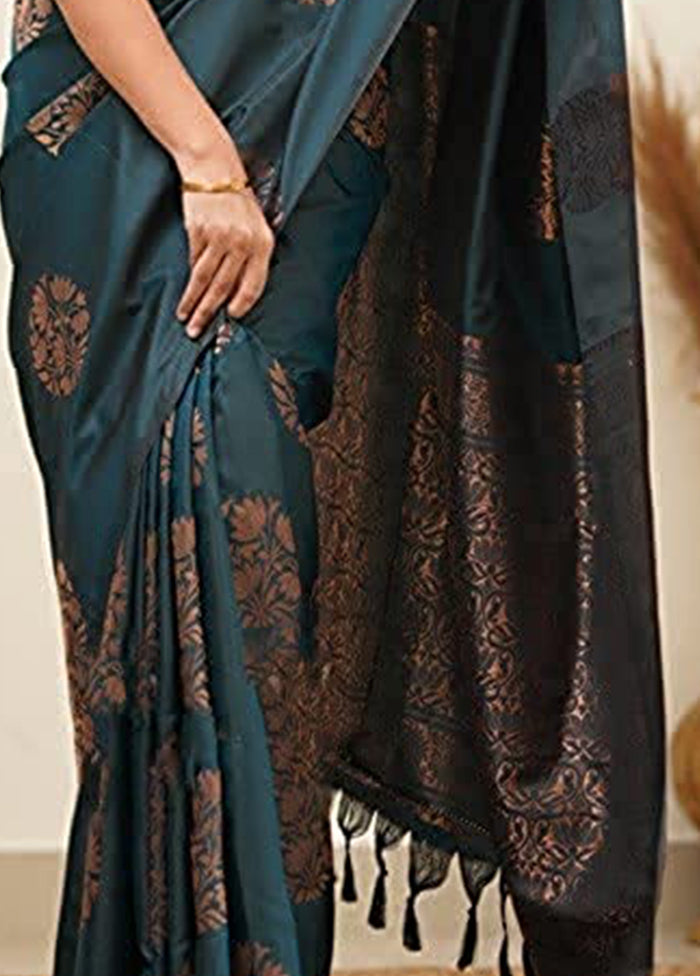 Teal Banarasi Silk Saree With Blouse Piece