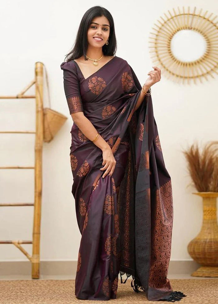 Wine Banarasi Silk Saree With Blouse Piece