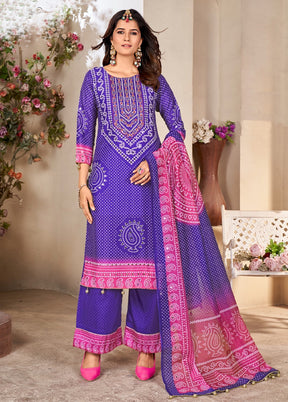 3 Pc Purple Readymade Silk Dupatta Suit Set