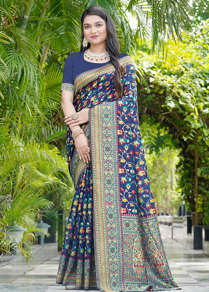 Navy Blue Pasmina Silk Saree With Blouse Piece