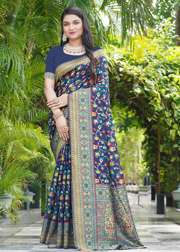 Navy Blue Pasmina Silk Saree With Blouse Piece