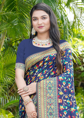 Navy Blue Pasmina Silk Saree With Blouse Piece