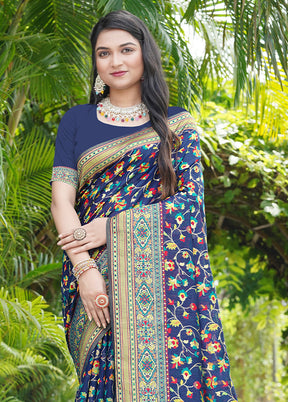 Navy Blue Pasmina Silk Saree With Blouse Piece