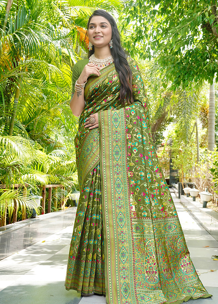 Mehendi Green Pasmina Silk Saree With Blouse Piece