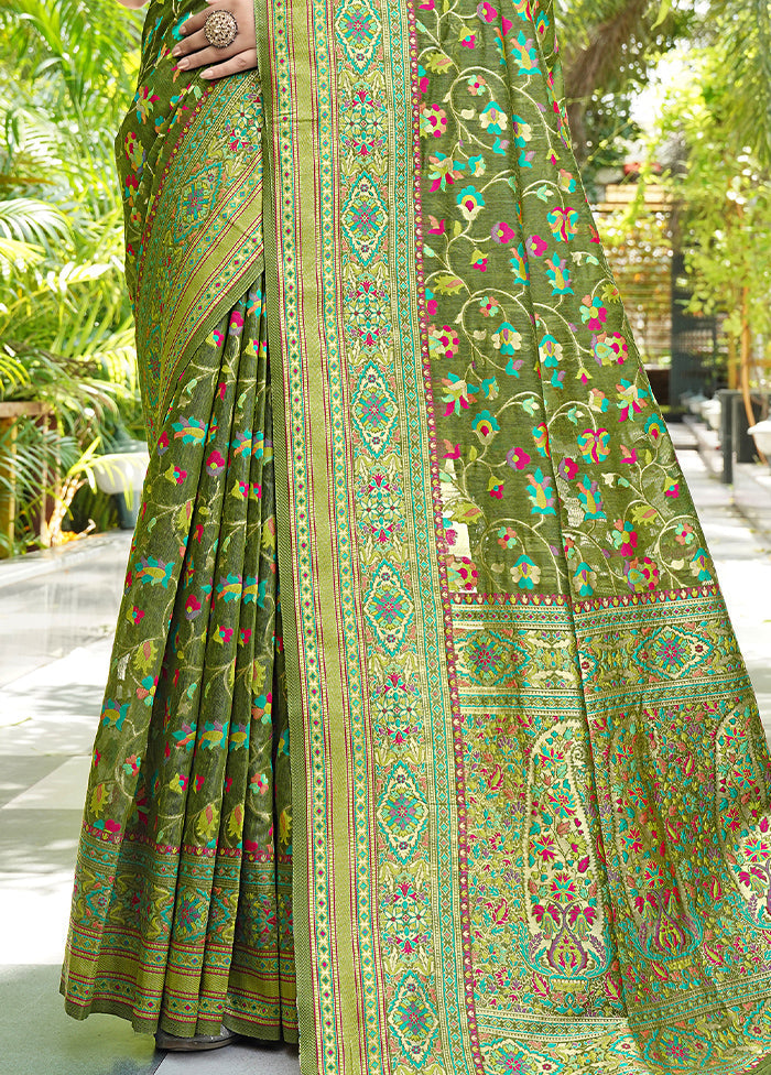 Mehendi Green Pasmina Silk Saree With Blouse Piece