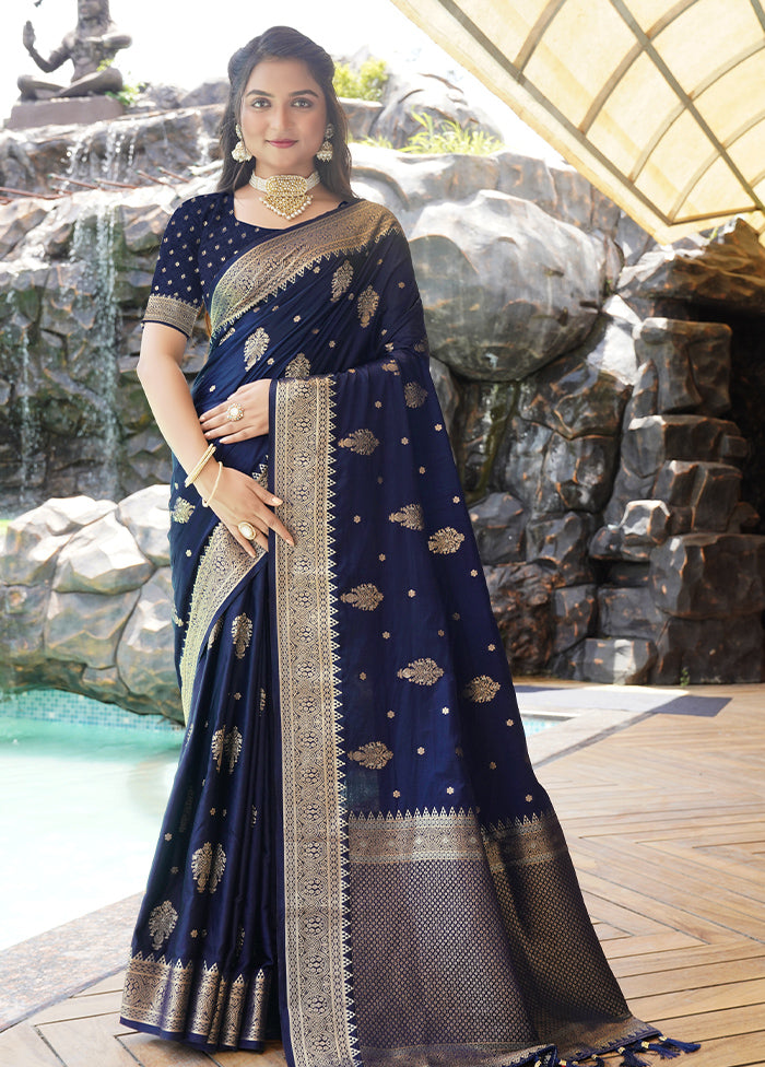 Navy Blue Satin Silk Saree With Blouse Piece