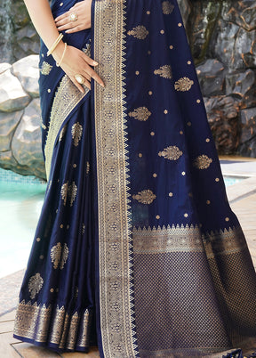 Navy Blue Satin Silk Saree With Blouse Piece