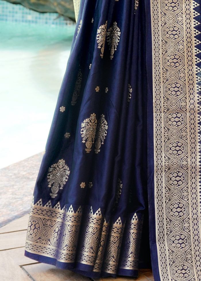 Navy Blue Satin Silk Saree With Blouse Piece