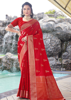 Red Satin Silk Saree With Blouse Piece