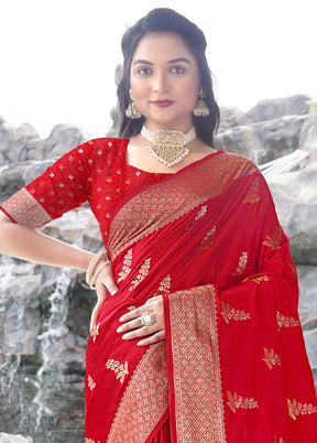 Red Satin Silk Saree With Blouse Piece