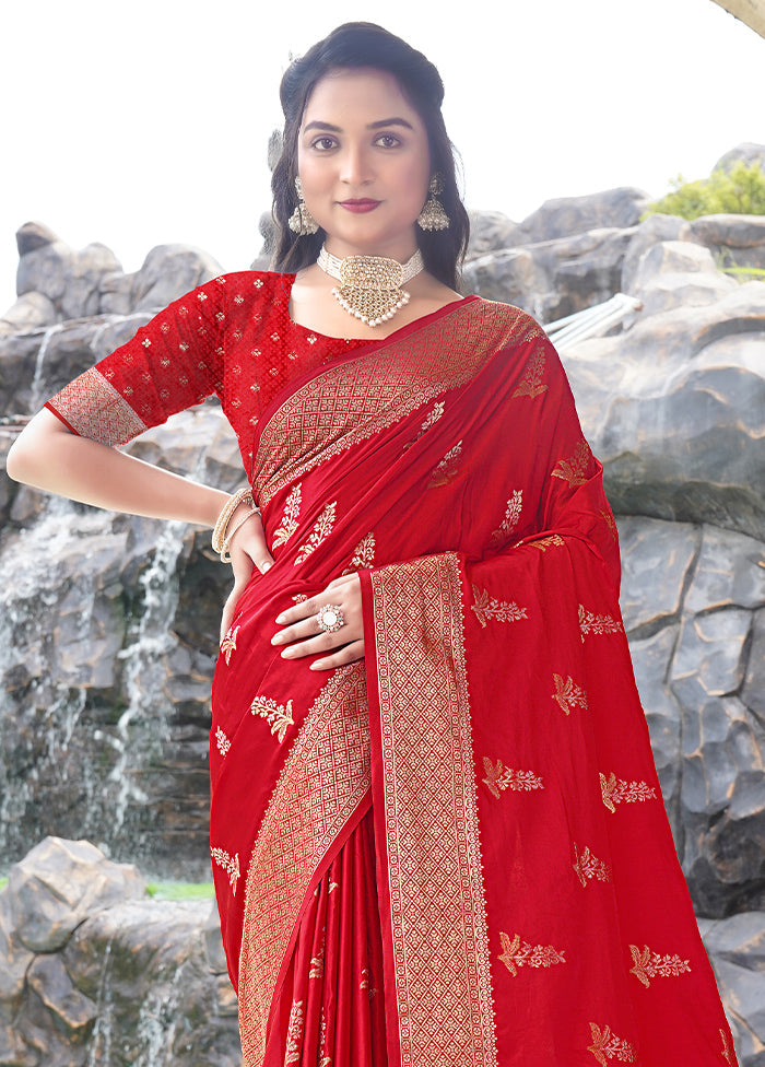 Red Satin Silk Saree With Blouse Piece