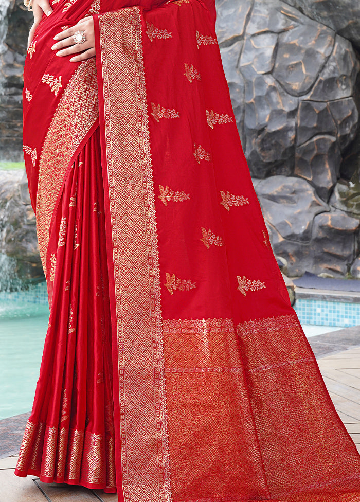 Red Satin Silk Saree With Blouse Piece