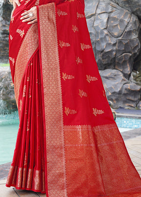 Red Satin Silk Saree With Blouse Piece