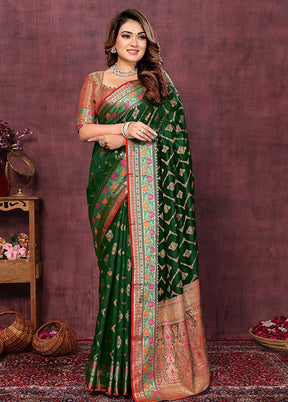 Dark Green Dupion Silk Saree With Blouse Piece