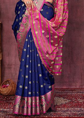 Navy Blue Dupion Silk Saree With Blouse Piece