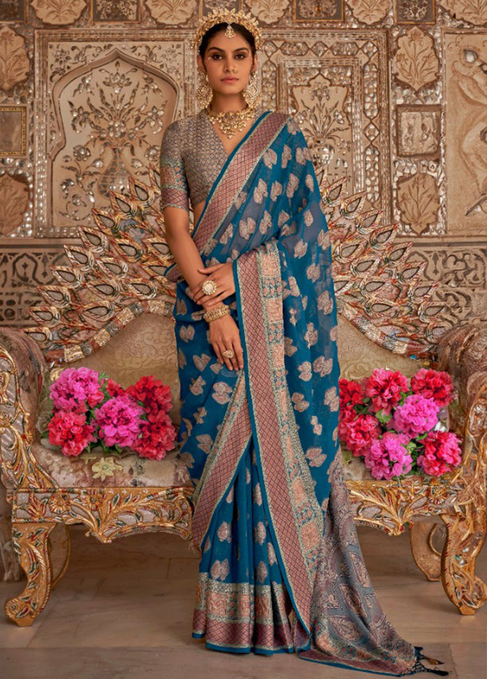 Teal Georgette Saree With Blouse Piece