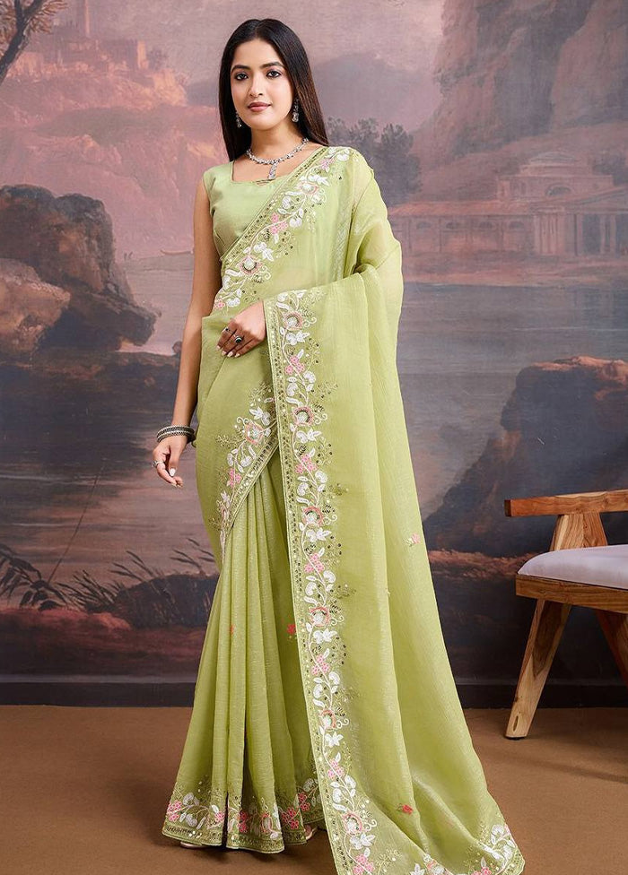 Pista Green Organza Saree With Blouse Piece