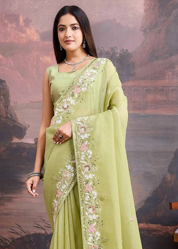 Pista Green Organza Saree With Blouse Piece