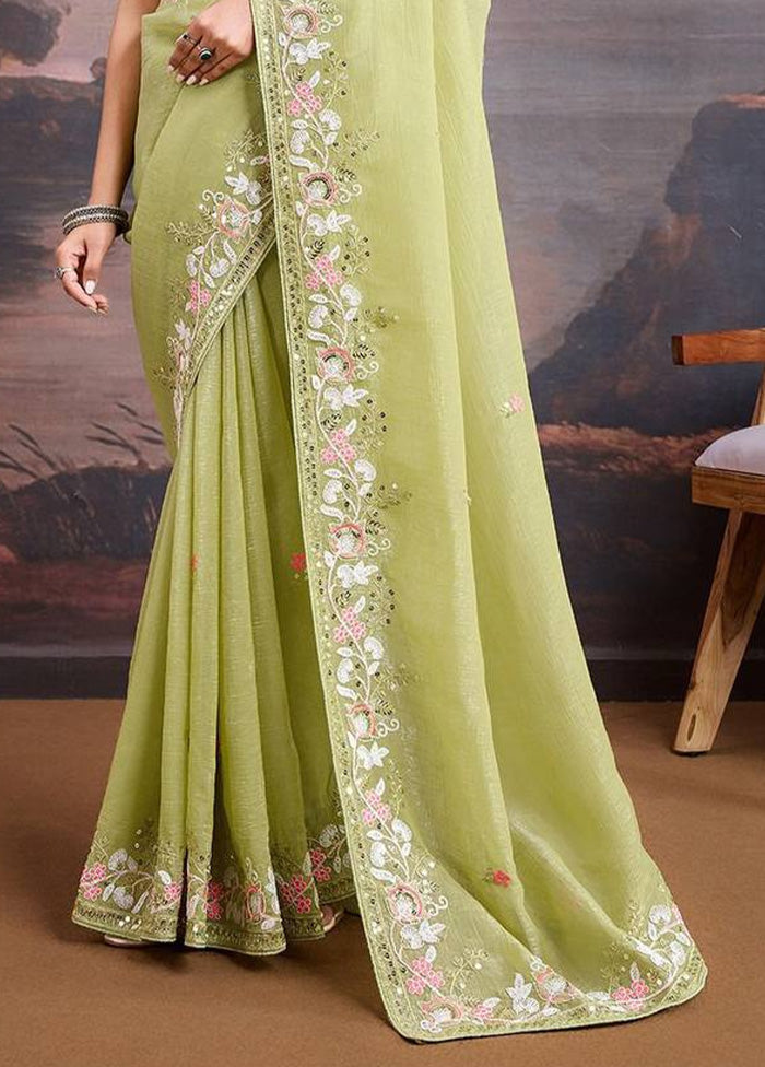 Pista Green Organza Saree With Blouse Piece