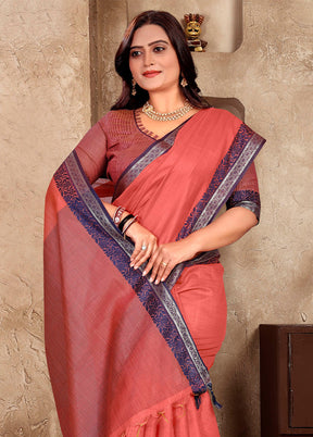 Dark Peach Linen Silk Saree With Blouse Piece