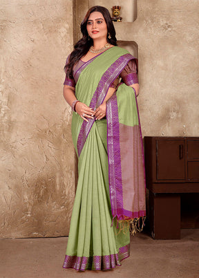 Pista Green Linen Silk Saree With Blouse Piece